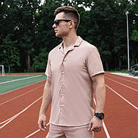 Рубашка мужская бежевая однотонная с коротким рукавом повседневная модная рубашки на лето молодежная стильная