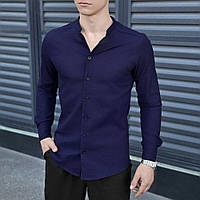 Мужская рубашка стильная классическая темно-синего цвета однотонная с длинным рукавом на манжете повседневная