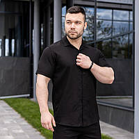 Черная мужская рубашка удобная модная однотонная с коротким рукавом на лето повседневная легкая на пуговицах
