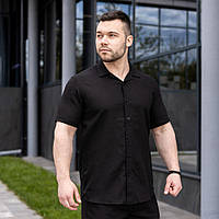 Черная мужская рубашка удобная модная однотонная с коротким рукавом на лето повседневная легкая на пуговицах