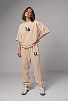 Женский спортивный костюм с вышивкой LA - кремовый цвет, L