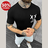 Мужская трикотажная брендовая футболка черная, Мужская повседневная приталенная футболка с принтом