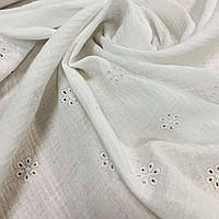 Ткань муслин жатый двухслойный с вышивкой, цветочки на белом (шир.1,35м) (MS-JAT-2-0111)