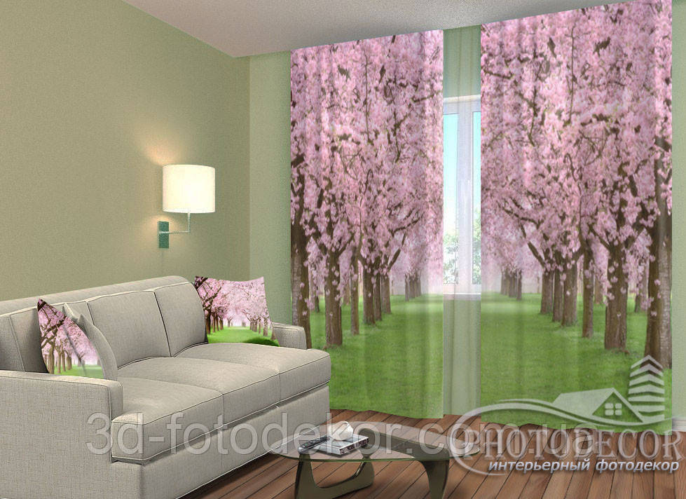 ФотоШтори "Зелена алея з квітучими деревами" 2,5 м*2,9 м (2 полотна по 1,45 м), тасьма