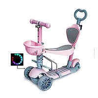 Трехколесный детский самокат Scooter 5 в 1 "Розовый" с сиденьем, SP, родительской ручкой и корзинкой 1+