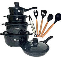 Набор посуды с гранитным покрытием Higher kitchen НК-316 Черный, Ch, Хорошее качество, кастрюли набор с
