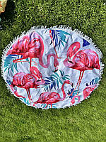Килимок пляжне покривало Фламінго підстилка мікрофібра махра кругле рушник 150 см з бахромою