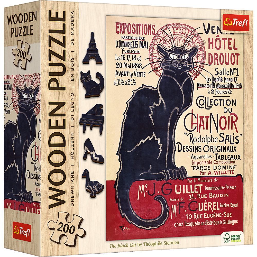 Пазли фігурні з дерева - (200 елм.) - "Чорний кіт - Теофіль Стейнлен" / Trefl, фото 1