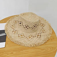 Літній широкополий капелюх Федора з візерунками по тулії та полях LAVINIA з рваною бахромою