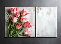 Картина з Тюльпанами Ніжні Квіти Декор на Стіну з 2 частин Рожеві Тюльпани на Світлому фоні