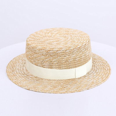 Солом'яний капелюшок канотьє з білою стрічкою (поля 5 см)