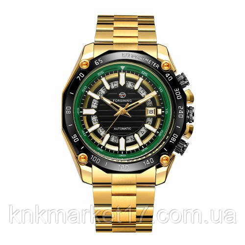 Автоматичний механічний годинник Forsining 8279 Gold-Black-Green, фото 1