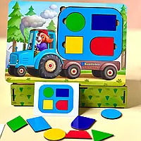 Танграм "Трактор с геометрическими фигурами" - деревянная развивающая игрушка, сортер для детей 1-7 лет
