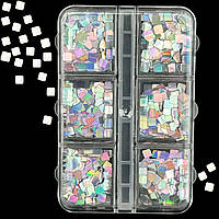 Набор квадратных блесток для яркого декора ногтей (6 ячеек) в пластиковом контейнере - 391 Серебро - C