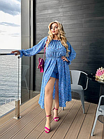 Платье-шорты летнее голубое с цветочным принтом молодежное большого размера 48-58. 108571