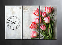 Картина-Годинник з Тюльпанами Ніжні Квіти Декор на Стіну з 3 частин Рожеві Тюльпани на Світлому Фоні з Годинниками
