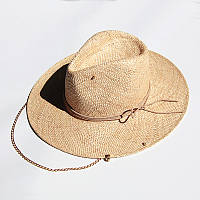 Летняя соломенная шляпа Федора Бао с тонким плетением TROPICANA с цепочкой, пирсингом и декором