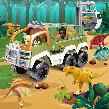 Ігровий набір динозаврів (динозаври 6шт, звук, світло, машинка 32см, фігурки, на батарейках) G 0011
