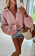 Женская летняя блузка из американской ткани креп-жатка с V-образным вырезом размеры 48-58 Фрезовый, 44/46
