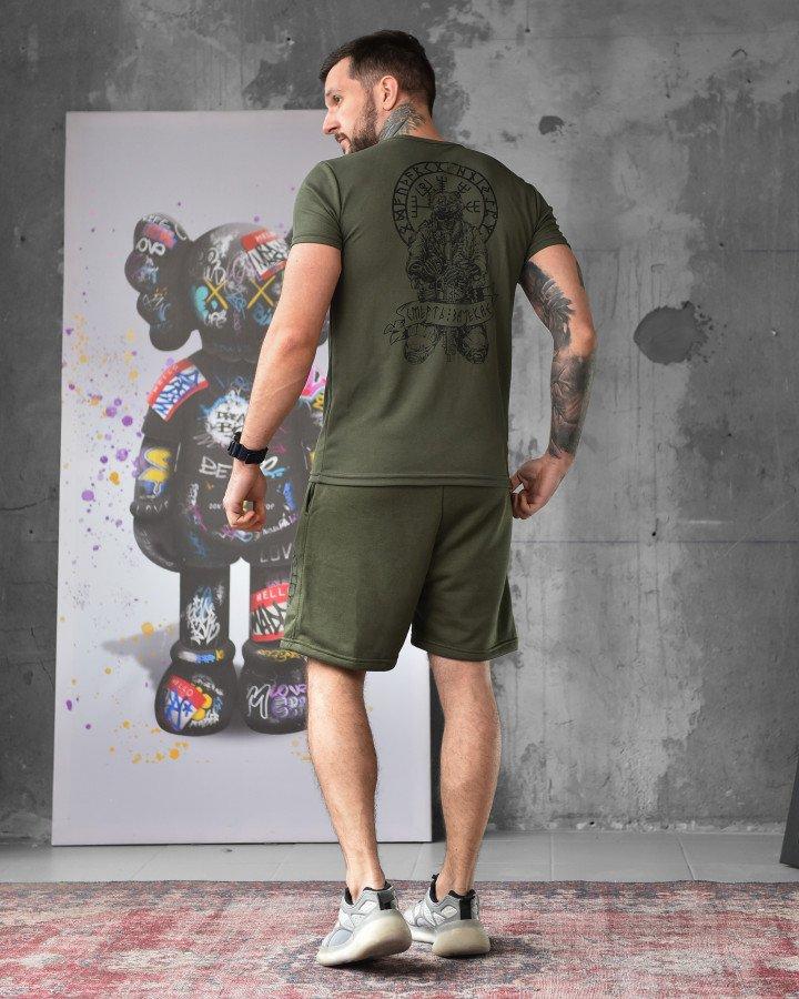 Арманські шорти та футболка комплект хакі з принтом, тактична вологовідвідна футболка олива ob660