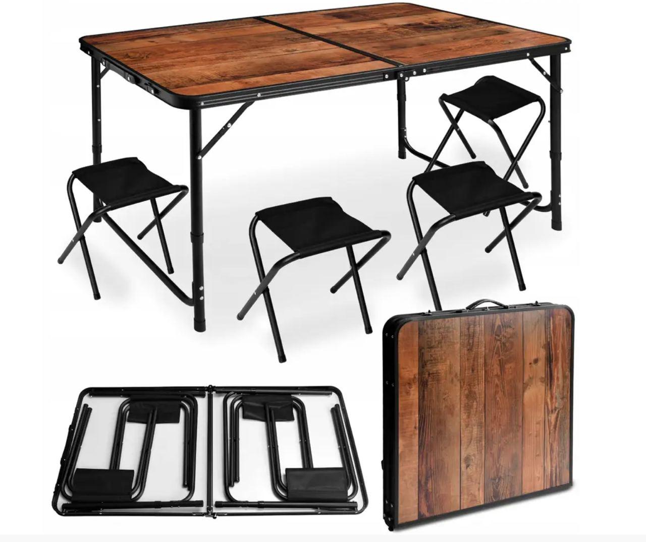Комплект розкладний посилений столик + 4 стільці для пікніку та відпочинку на природі 120см (коричневий-дерево)