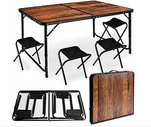 Комплект розкладний посилений столик + 4 стільці для пікніку та відпочинку на природі 120см (коричневий-дерево)