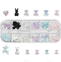 Набор 3D фигурок (мишки, зайчики, сердечки) для объемного дизайна ногтей, в контейнере, 60 шт./уп. - 397