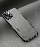 Кожаный чехол XnE iPhone 13 с металлической вставкой Серый