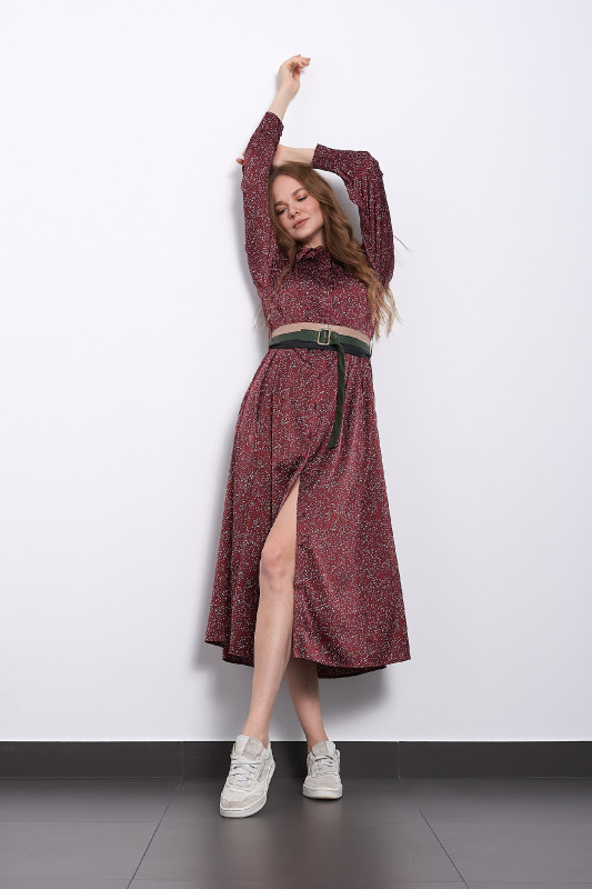 Сукня жіноча з поясом міді абстракція бордова "Софія" Modna KAZKA MKPR2112-1