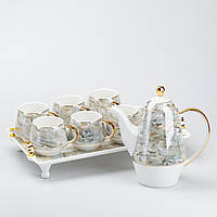 Lugi Чайный сервиз на подносе 6 чашек и заварочный чайник на подставке
