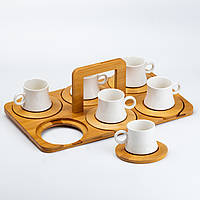 Lugi Набор чашек с блюдцами для чая и кофе 6 шт с деревянной подставкой