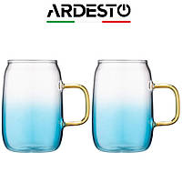 Чашки для кофе и чая Ardesto Blue Atlantic 300 мл, набор 2 шт., голубые с золотистой ручкой, стеклянные