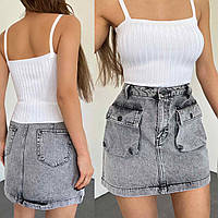 Ультрамодная Серая джинсовая миди юбка с большими карманами Котон