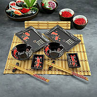 Подарочный набор для суши на 2 персоны 12 предметов Красная Сакура на черном фоне 39х27,5х5,5 см