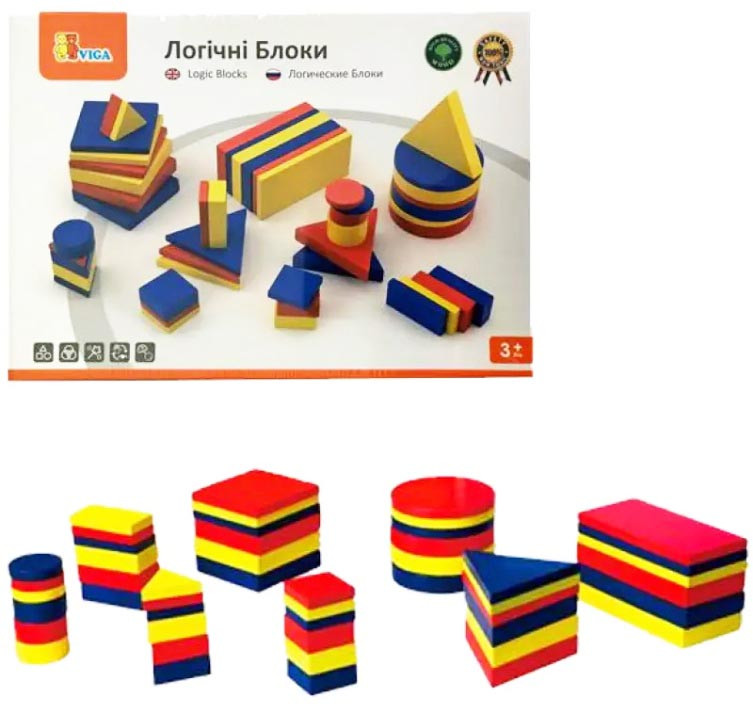 Логічні блоки Д'єняша Viga Toys 56164U Набір для навчання 48 деталей різної форми та кольору, фото 1