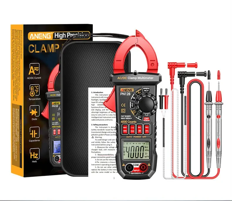 Токовимірні кліщі ANENG PN128 (AC/DC — 600A; AC/DC - 600V; 40МОм; 4mF; 4 МHz; 1000°C) NCV