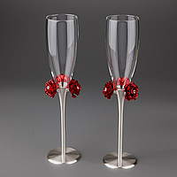 Свадебные подарочные бокалы на металлическй ножке Красный цветок 2 шт 28 см 1026G *
