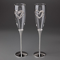 Свадебные подарочные бокалы на металлической ножке Два Сердца 26 см в наборе 2 шт 1005G *