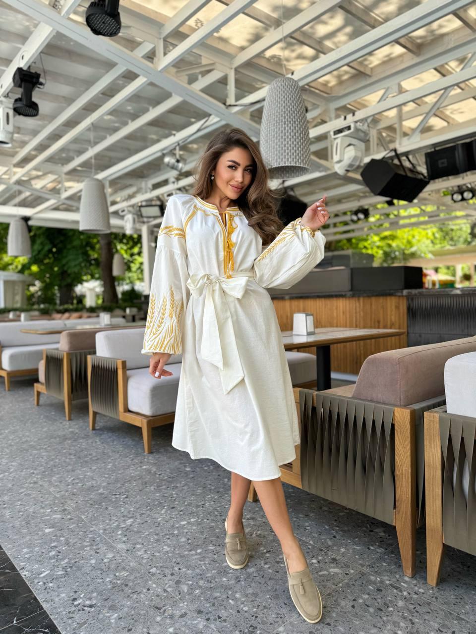 Сукня-вишиванка з орнаментом "Золоте колосся" молочна