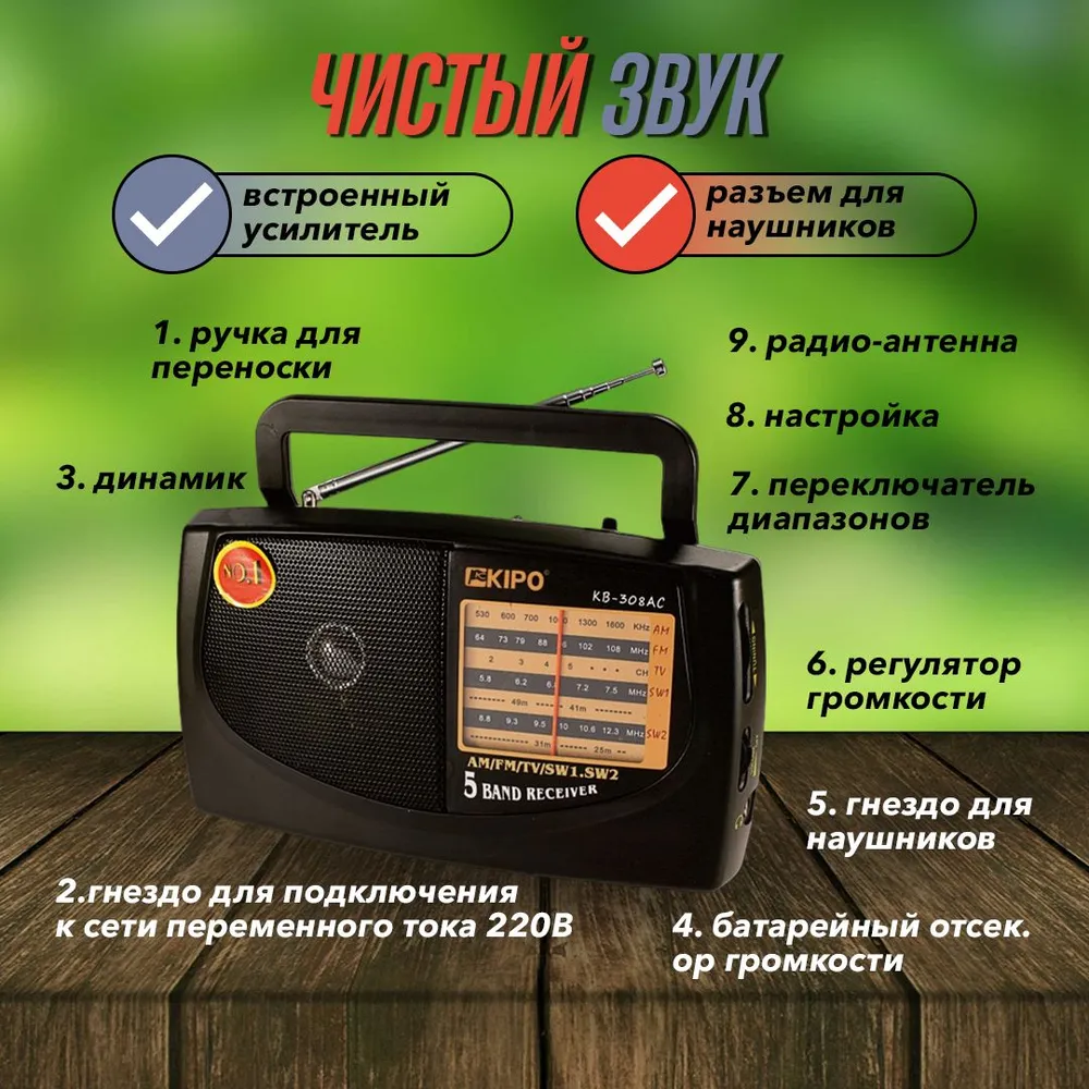 Багаточастотний радіоприймач із потужним прийманням сигналу в ретростилі, Міні радіо Kipo KB-409AC з fm тюнером