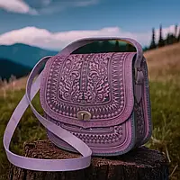 Карпатская сумка кожаная"Дубок" ручной работы, большая фиолетовая сумочка с узорами