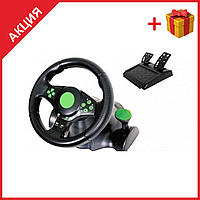 MB Игровой руль с педалями для ПК 3 в 1 Vibration Steering Wheel для PS3/PS2/PC, black/green USB