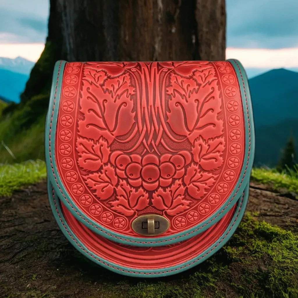 Жіноча шкіряна сумка ручної роботи з тисненим орнаментом «Калина», червоно-зелена сумка з натуральної шкіри, 20*21*8 см, фото 1