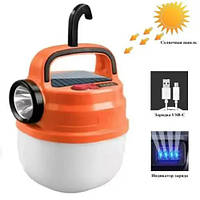 VIO Подвесной фонарь светильник LED с крючком для кемпинга, фонариком и солнечной панелью. Цвет: оранжевый