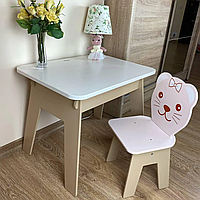 Детский стол с ящиком + стульчик для учебы и игры (Белый с мишкой) столик мебель для детей