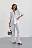 Жіночий літній костюм із брюками та блузкою на зав'язках - білий колір, L (є розміри) ar