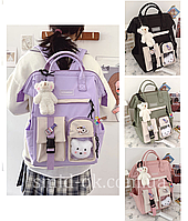 Школьный молодежный рюкзак фиолетовый сумка-портфель для девочки 5-11 класса стиль Preppy значки брелок-мишка