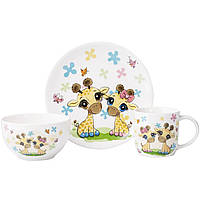 Набор фарфоровой детской посуды Ardesto Baby giraffes 3 предмета AR3452GS US, код: 8325574