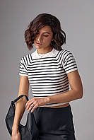 Укороченная женская футболка в полоску - молочный цвет, S (есть размеры) ar