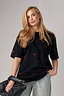 Женская футболка украшена вышитыми сердечками - черный цвет, L (есть размеры) ar